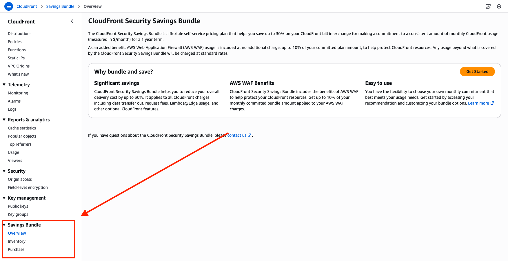 CloudFront Security Savings Bundle purchase area in AWS Console