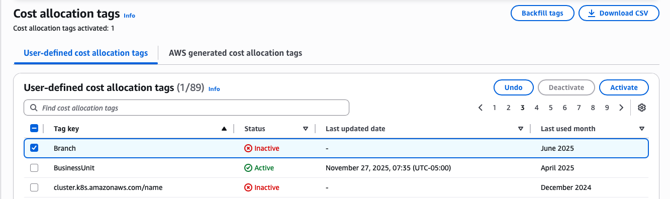 Activating cost allocation tags in AWS Billing Console